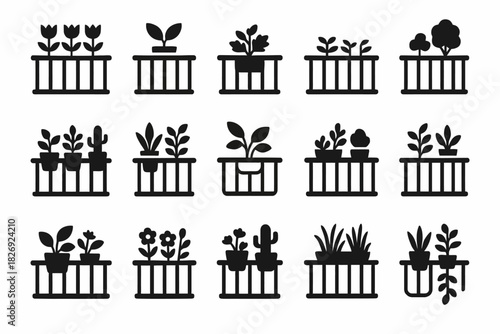 Collection of black silhouette balcony planters with various plants