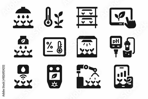 Smart agriculture icons set featuring hydroponics, remote monitoring, and digital farming technologies