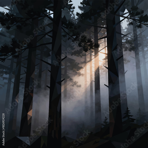 Illustration Of A Dark Pine Forest With Thick Morning Fog Vector Design Template