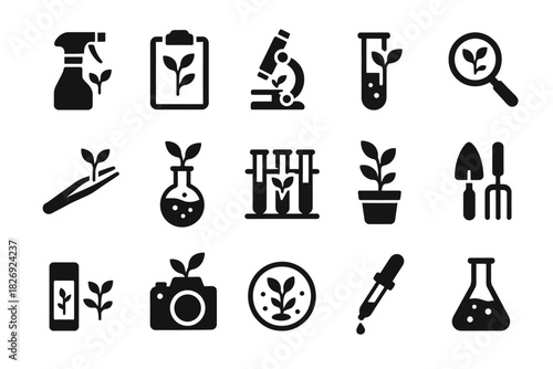 Set of black botanical science and gardening icons with plants