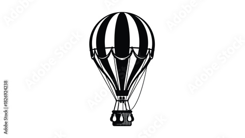 Vintage hot air balloon silhouette with vertical black and white stripes and wicker basket, classic aviation travel icon, simple flat vector art sticker design, isolated on white background