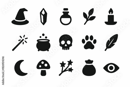 Witchcraft icons: hat, crystal, potion, herb, candle, skull, cauldron, moon, feather, magic