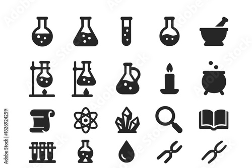 Alchemy icons set: beakers, flasks, mortar, scroll, atom, crystal, magnifying glass