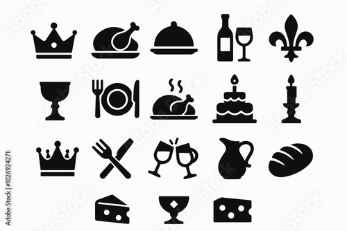 Collection of dining and celebration symbols in black silhouette design