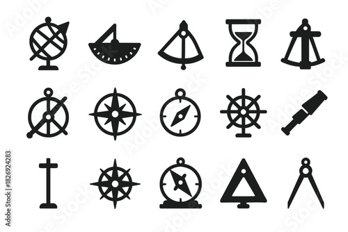 Collection of nautical navigation tools icons - compass, sextant, telescope, globe, hourglass
