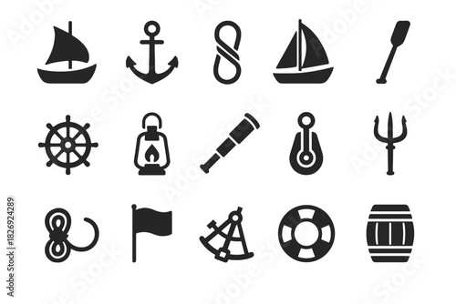 Icon set featuring nautical symbols: sailboat, anchor, telescope, and more