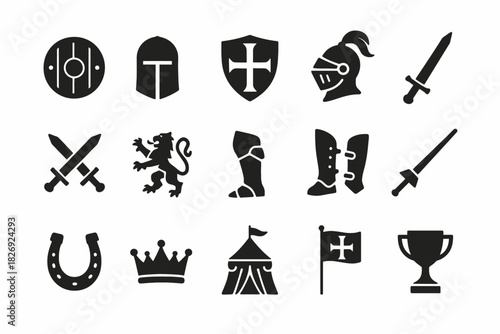 Collection of medieval knight symbols and weapon icons in black silhouette