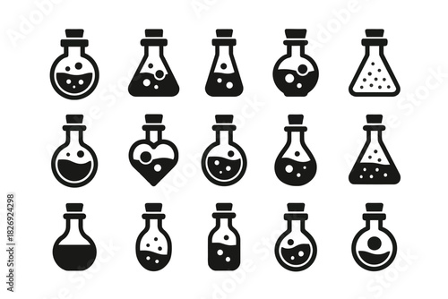 Set of various laboratory flask icons with bubbles and symbols