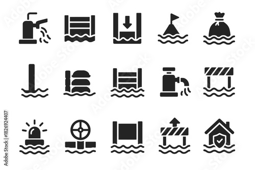 Collection of flood prevention and water safety icons in black