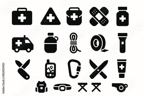 Emergency kit icons: medical supplies, tools, first aid, outdoor equipment