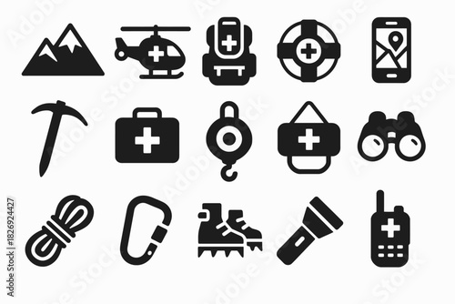 Rescue and survival equipment icons: helicopter, first aid, mountain climbing, navigation
