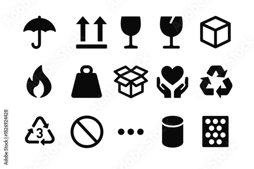Shipping and packaging icons collection: fragile, recyclable, handle with care, keep dry, flammable