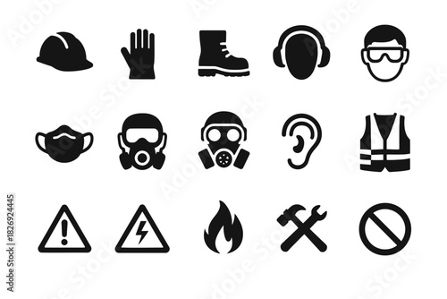 Safety equipment icons: hard hat, glove, boot, mask, goggles, vest, tools, symbols