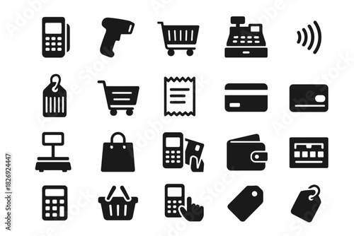 Black retail and payment icons: shopping cart, barcode, cash register, card, wallet