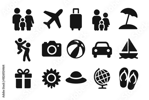 Travel and leisure icons: family, transportation, and recreation symbols