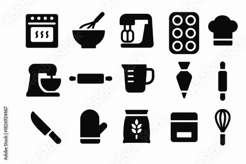 Kitchen utensils silhouette set: mixer, oven, chef hat, baking tools icons