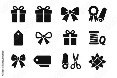 Gift box and ribbon icons collection: present, bow, tag, spool, scissors, star