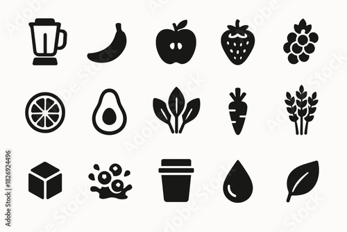 Collection of smoothie ingredients and healthy food icons in black