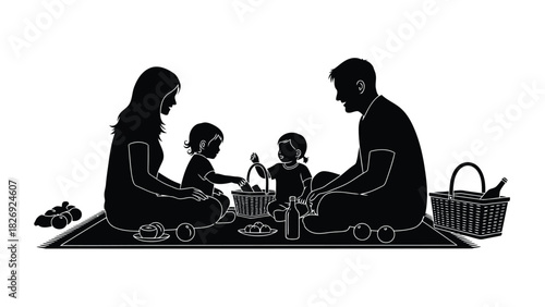 Silhouette of happy family enjoying outdoor picnic with two small children, parents sitting on blanket with food baskets and fruit, flat vector art, isolated on white background