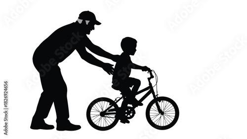 Silhouette of Father Teaching Young Boy to Ride Bicycle with Support, Man Wearing Cap Assisting Child on Bike, Concept of Guidance and Learning, Flat Vector Art, isolated on white background