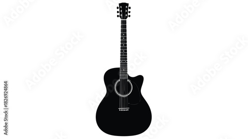 Black silhouette of a modern acoustic guitar with cutaway body and six tuning pegs, clean vector art illustration for music concepts, isolated on white background