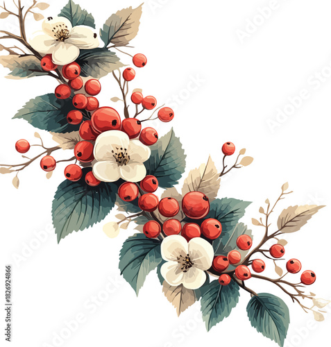 Christmas holiday decoration of a green branch wreath with red holly berries