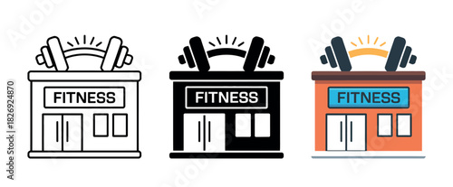 Three stylized icons depict a fitness center building with barbells above, representing gym facilities, health clubs, and exercise establishments.