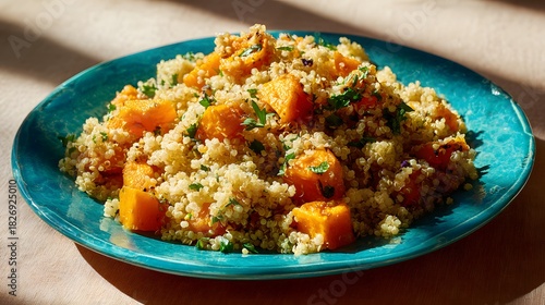 Fototapeta Naklejka Na Ścianę i Meble -  Cooked grain salad featuring bright orange root vegetable pieces served on a vibrant blue plate