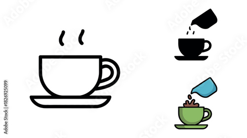 A set of icons depicting a cup of coffee with steam rising from it, and a smaller illustration of liquid being poured into a cup.