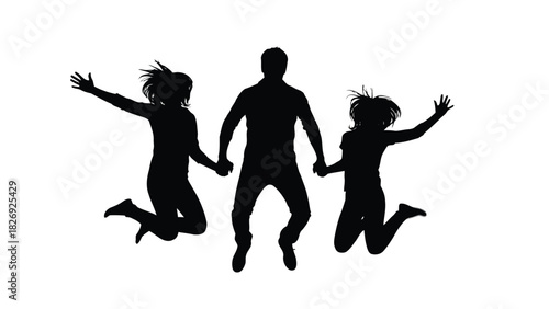 Silhouette of happy family father and two children jumping high holding hands, celebrating success and freedom, clean vector art sticker design, isolated on white background