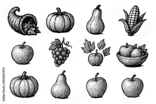 Detailed sketch of autumn harvest with pumpkins, apples, and cornucopia