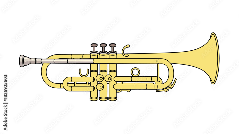 Naklejka premium A detailed illustration of a brass trumpet, a musical instrument known for its bright and powerful sound, on a white background.