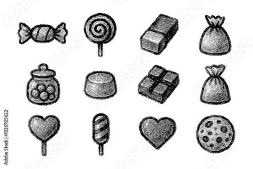 Chalk style candy icons set: lollipops, chocolates, and sweets collection