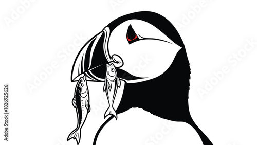 Graphic black and white illustration of an Atlantic Puffin bird profile holding multiple small fish in its beak, minimalist vector art, logo design, isolated on white background