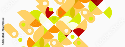 Abstract composition featuring overlapping circles, ovals, segments. Warm color palette dominates, creating dynamic visual texture.