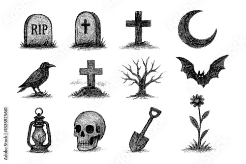 Spooky halloween chalk drawings of tombstones, crosses, and creepy symbols