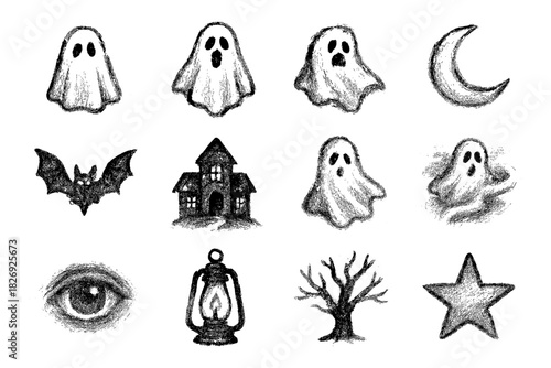 Spooky halloween elements set with ghosts, bat, haunted house, and more in chalk style