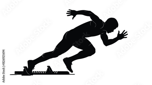 Black silhouette of muscular male sprinter exploding from starting blocks in a powerful crouch position, dynamic sports action, flat vector art, graphic design element, isolated on white background