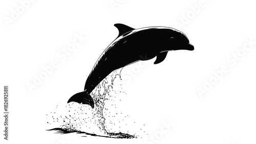 Black silhouette of a dolphin leaping dynamically out of splashing water, clean graphic vector art, ocean wildlife concept, isolated on white background