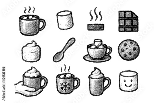 Chalk style hot chocolate and treats icons collection for cozy winter designs