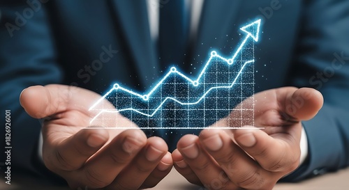 Closeup of hands holding a glowing blue graph showing upward trend and growth, representing financial success, investment, and business progress