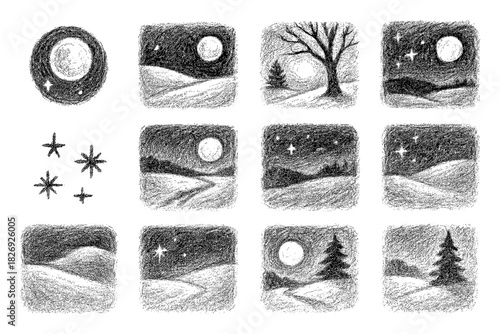 Hand-drawn night landscapes with moon and stars in pencil sketch style