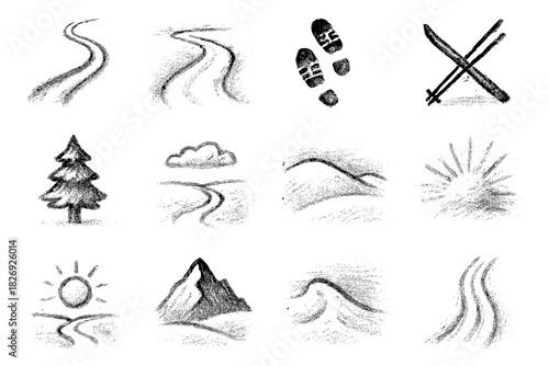 Chalk style winter elements: ski, snowboard, and nature icons on white background