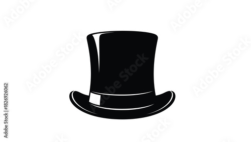 Classic black top hat silhouette with white band detail, formal headwear icon, simple graphic vector art, formal accessory design, isolated on white background