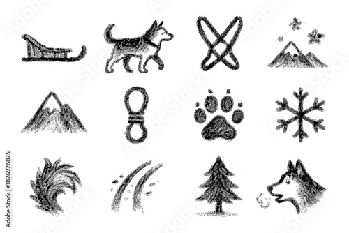 Chalk style winter adventure icons featuring huskies, sleds, and snowy elements