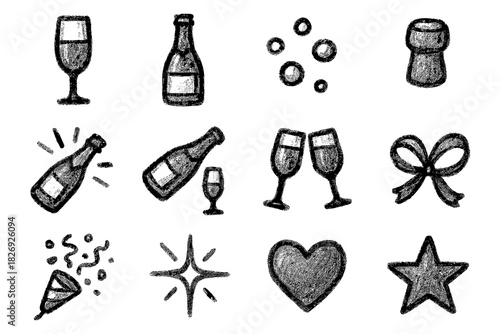 Chalk style celebration icons featuring wine glasses and party elements