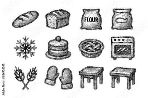 Hand drawn baking elements: bread, flour, oven, and more culinary icons in charcoal style
