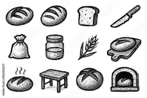 Hand drawn bakery icons: rustic bread, baguette, wheat, and more