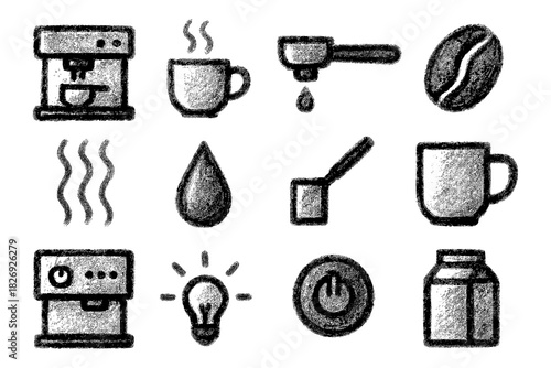 Chalk style coffee icons featuring espresso machine and hot drink mugs