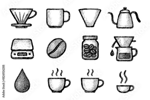 Chalk style coffee brewing icons: dripper, mug, kettle, scale, beans
